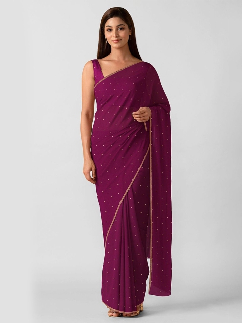 

Taneira Women Burgundy & Gold-Toned Polka Dots Printed Chiffon Saree