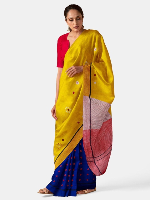 

Taneira Women Yellow & Blue Geometric Printed Murshidabad Silk Saree