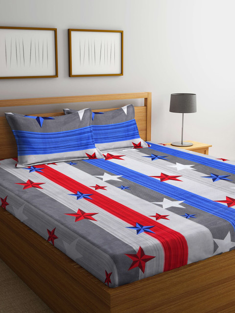 

Arrabi Grey & Blue Graphic 300 TC King Bedsheet With 2 Pillow Covers