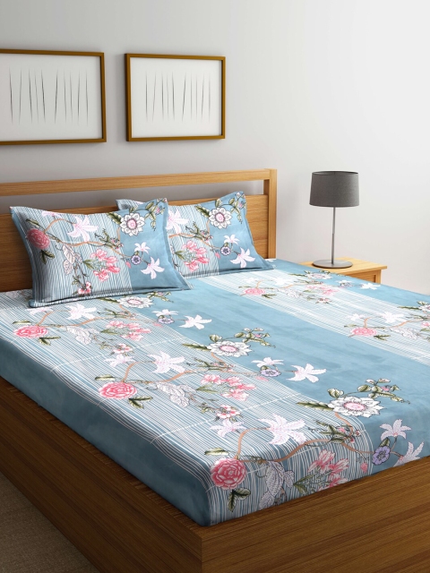 

Arrabi Blue & White Floral 300 TC King Bedsheet with 2 Pillow Covers