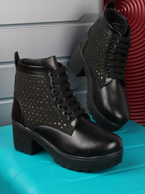 

TWIN TOES Women Black Block Heeled Boots with Laser Cuts