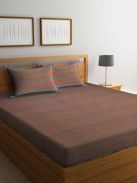 

Arrabi Brown & Orange Striped 300 TC Super King Cotton Bedsheet with 2 Pillow Covers