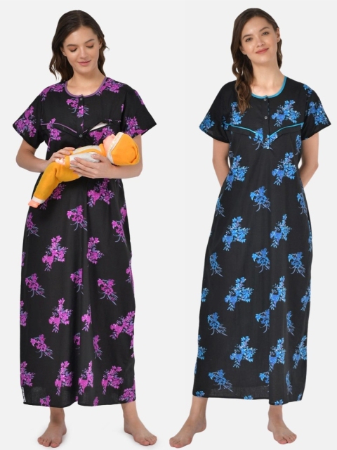 

Klamotten Pack of 2 Black Printed Feeding Maxi Nightdress