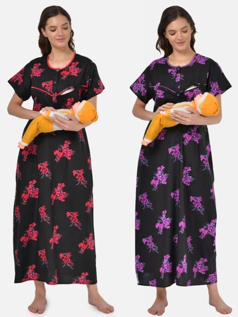 

Klamotten Women Pack of 2 Black & Red Floral Printed Maternity Maxi Nightdresses