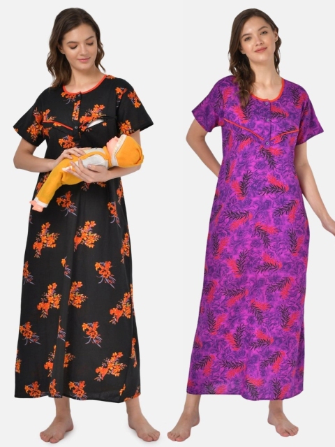 

Klamotten Woman Pack of 2 Purple & Black Floral Printed Maxi Nightdress