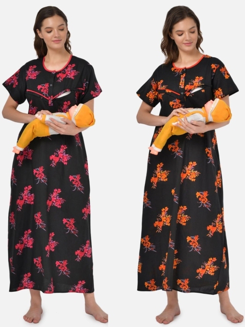 

Klamotten Woman Pack of 2 Black Floral Printed Maxi Nightdress