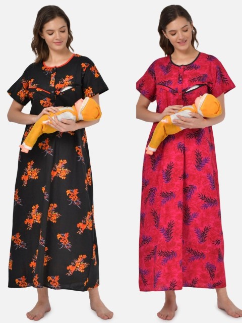 

Klamotten Women Pack of 2 Printed Feeding Maxi Nightwear, Black