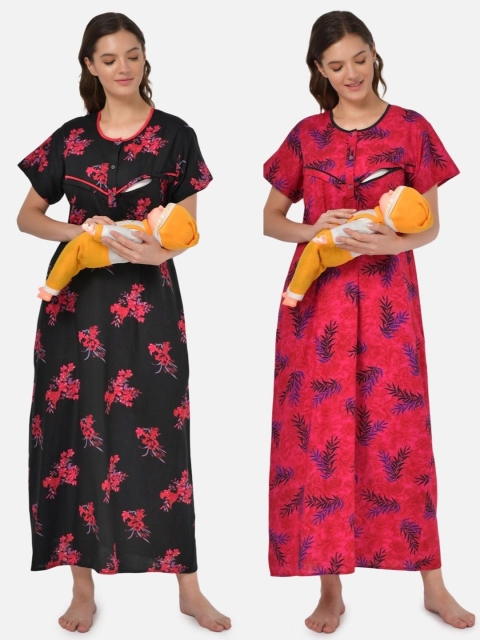 

Klamotten Women Pack of 2 Printed Feeding Maxi Nightdress, Black