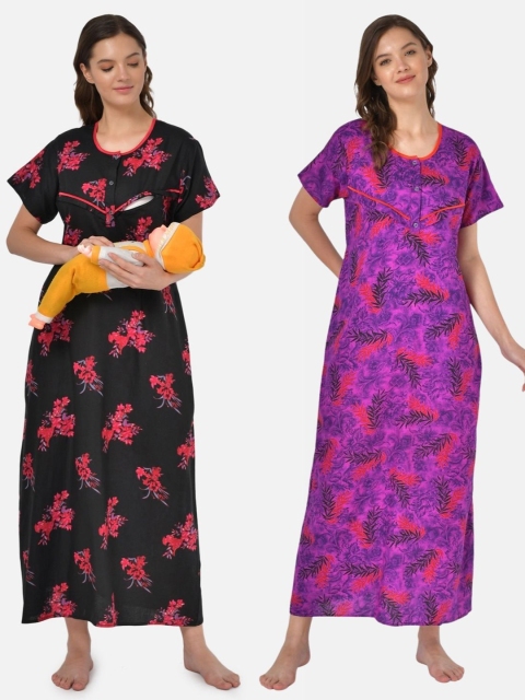 

Klamotten Pack of 2 Black & Purple Printed Feeding Maxi Nightdress