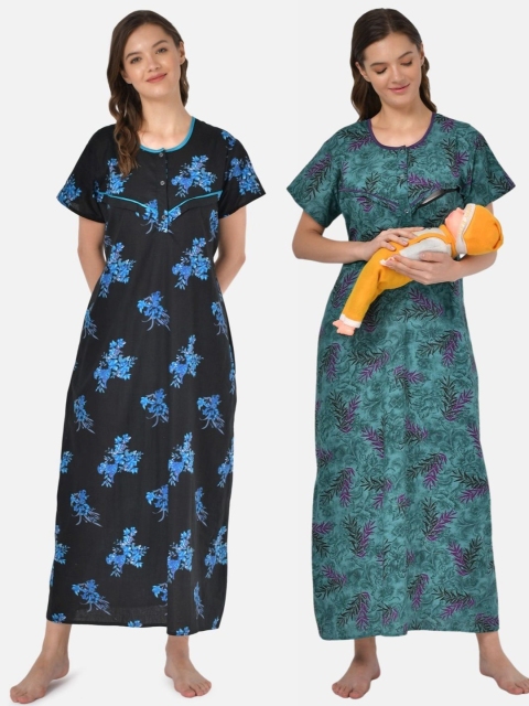 

Klamotten Women Pack of 2 Black & Blue Floral Printed Maternity Maxi Nightdresses