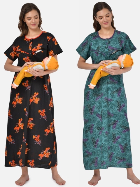 

Klamotten Woman Pack of 2 Black & Blue Floral Printed Maxi Nightdress