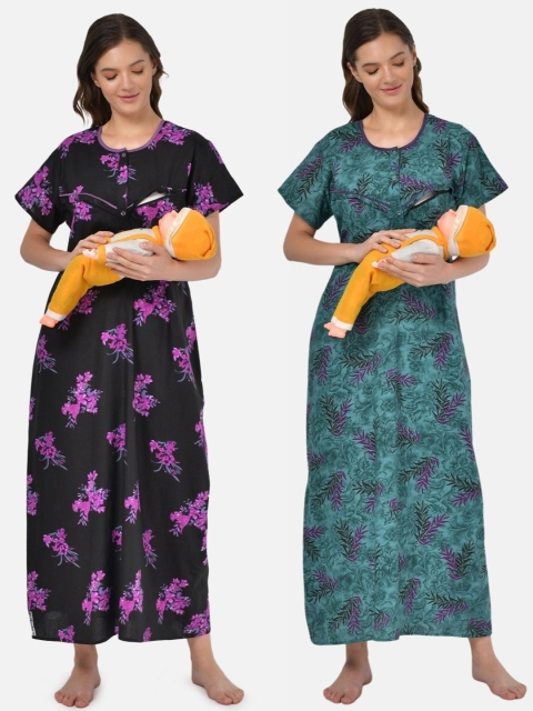 

Klamotten Women Pack of 2 Printed Feeding Maxi Nightdress, Black