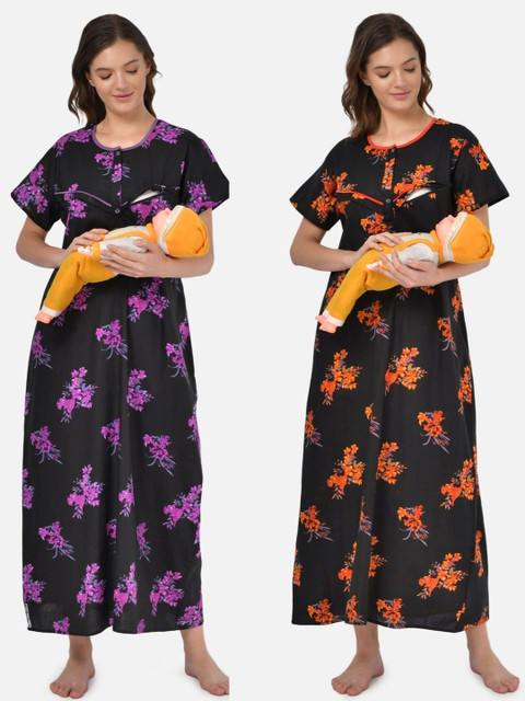 

Klamotten Women Pack Of 2 Multicoloured Printed Feeding Maxi Nightdress, Multi