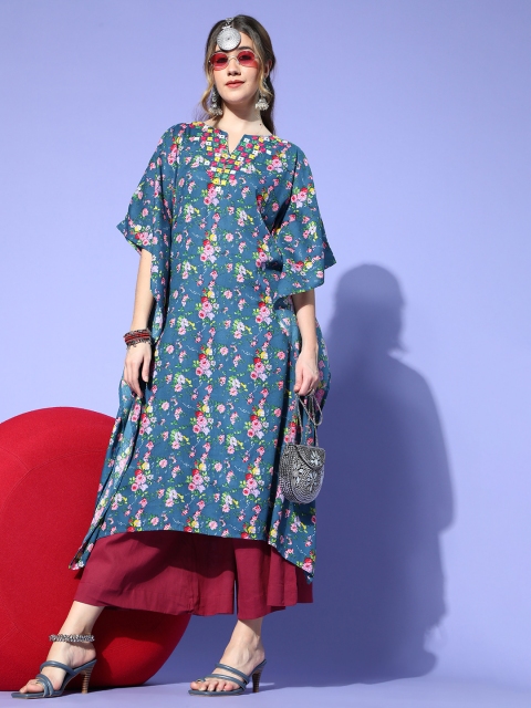 

Sangria Women Teal Blue & Pink Floral Printed Mirror Work Floral Kaftan Kurta