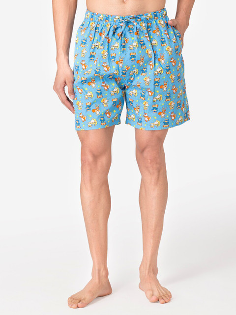 

Fluffalump Men Turquoise Blue & White Printed Lounge Shorts