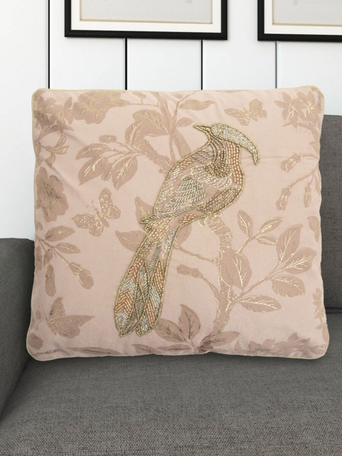 

Home Centre Peach-Coloured & Gold-Coloured Moksha Embellished Cotton Square Cushion Cover