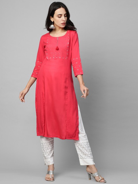 

FASHOR Women Pink Geometric Embroidered Pin Tuck A-line Kurta