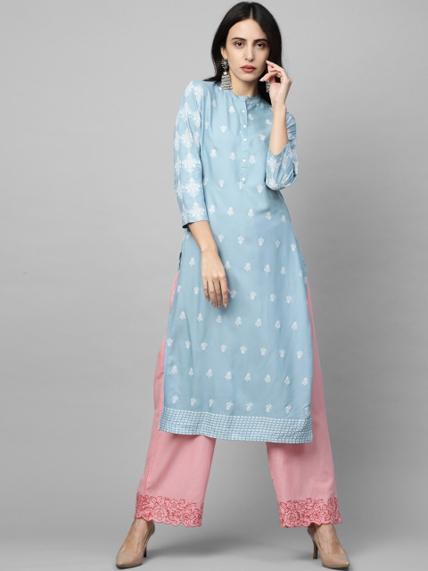 

FASHOR Women Blue & Pink Ethnic Motifs Khari Printed Straight Kurta