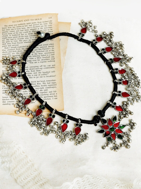 

TEEJH Woman Silver Oxidised & Red Necklace