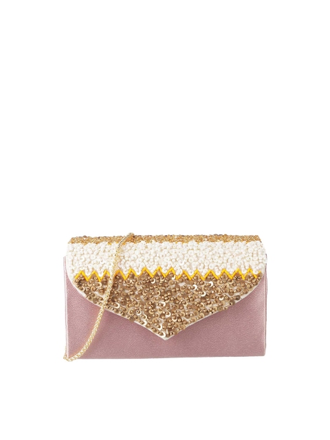 

Metro Peach-Coloured & Gold-Toned Embellished Envelope Clutch