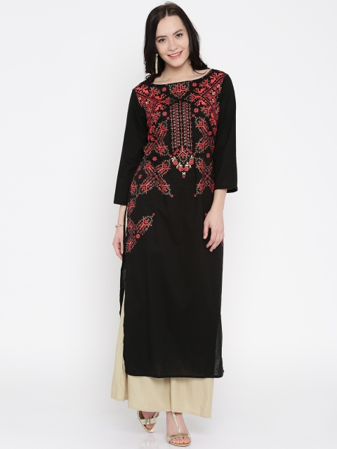 

Vishudh Women Black Printed Straight Kurta