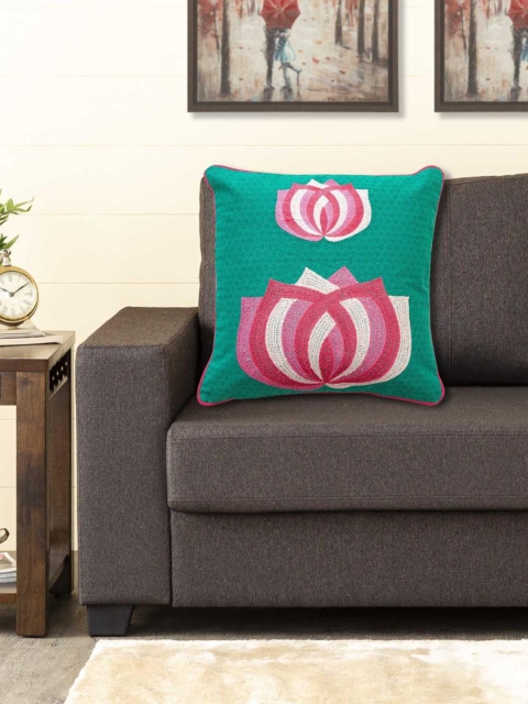 

Home Centre Teal & Pink Floral Embroidered Cotton Square Cushion Cover