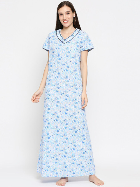 

XIN Women Blue & White Floral Printed Short Sleeves V-Neck Night Dress