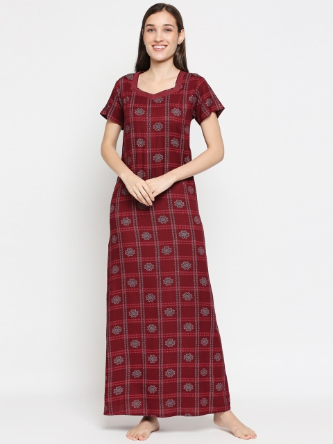 

XIN Women Maroon & Grey Printed Square Neck Night Dress