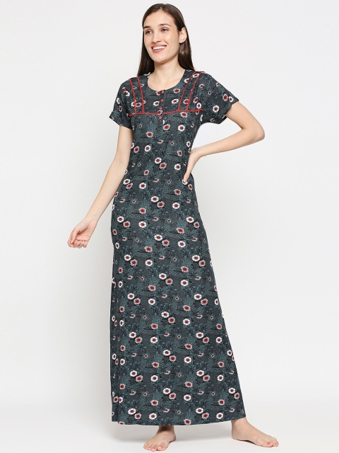 

XIN Women Grey & White Floral Printed Short Sleeves Night Dress