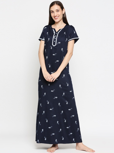 

XIN Women Navy Blue & White Printed Short Sleeves Night Dress