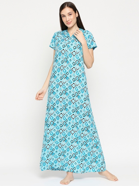 

XIN Women Blue & White Printed Maxi Nightdress