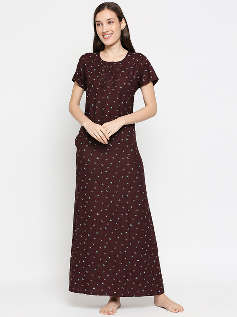 

XIN Women Brown Printed Maxi Nightdress