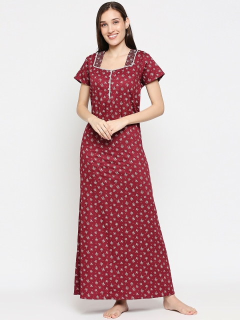 

XIN Maroon Printed Maxi Cotton Blend Nightdress