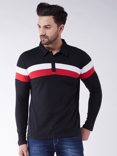 

GRITSTONES Men Black & White Striped Polo Collar Cotton T-shirt