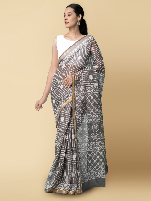 

Unnati Silks Women Grey & White Batik Printed Kota Pure Cotton Saree