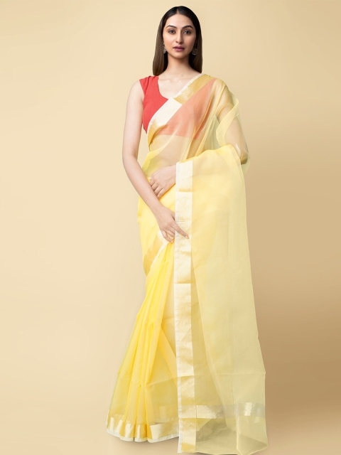 

Unnati Silks Women Yellow & Gold-Toned Solid Organza Saree