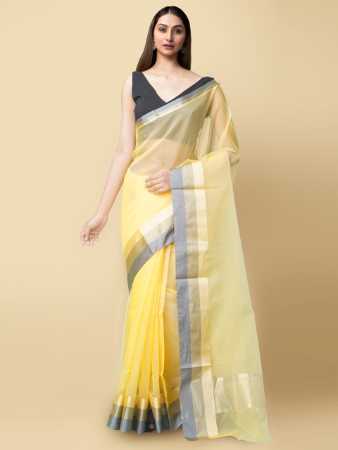 

Unnati Silks Women Yellow & Grey Solid Organza Saree