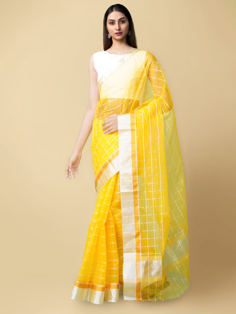 

Unnati Silks Yellow & Silver-Toned Checked Organza Murshidabad silk Saree