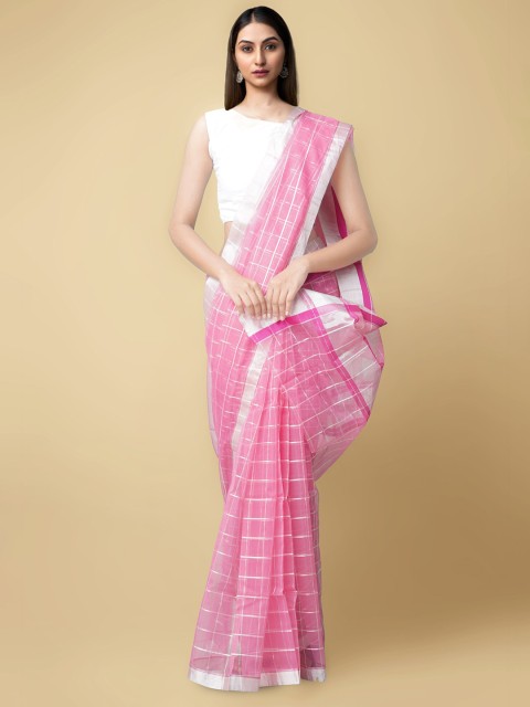 

Unnati Silks Pink & Silver-Toned Checked Organza Murshidabad silk Saree