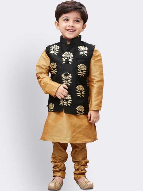 

VASTRAMAY Boys Gold-Toned Regular Kurta with Churidar & Jacket