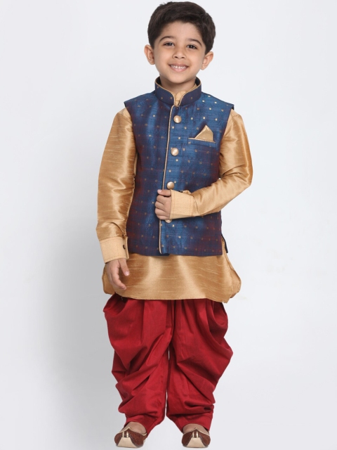 

VASTRAMAY Boys Gold Layered Kurti with Burgundy Dhoti Pants