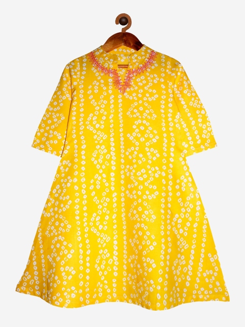 

KiddoPanti Girls Yellow Bandhani Printed A-Line Kurta