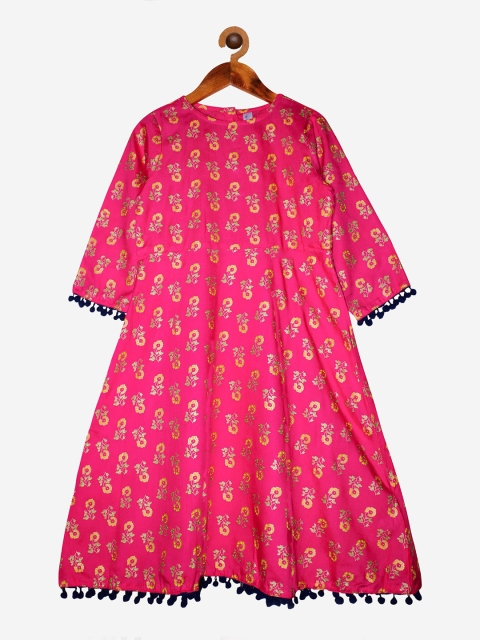 

KiddoPanti Girls Fuchsia Floral Flared Sleeves A-Line Kurta