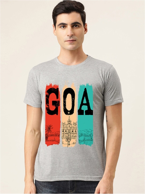 

BE AWARA Men Grey Melange Printed Cotton T-shirt