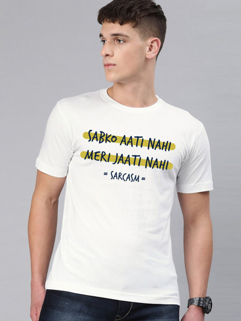 

BE AWARA Men White & Black Typography Printed Cotton T-shirt