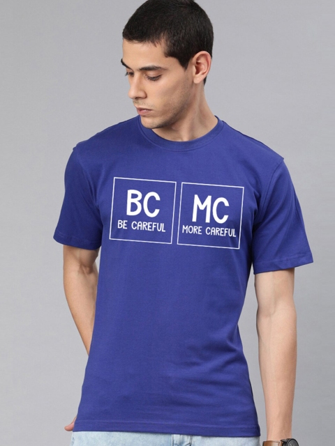

BE AWARA Men Blue & White Typography Printed Cotton T-shirt