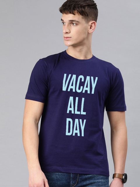 

BE AWARA Men Navy Blue Typography Printed T-shirt