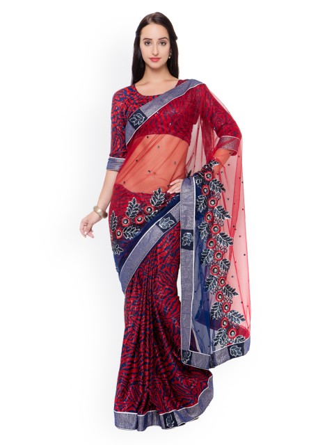 

Triveni Red & Blue Embroidered Animal Print Net Embellished Saree
