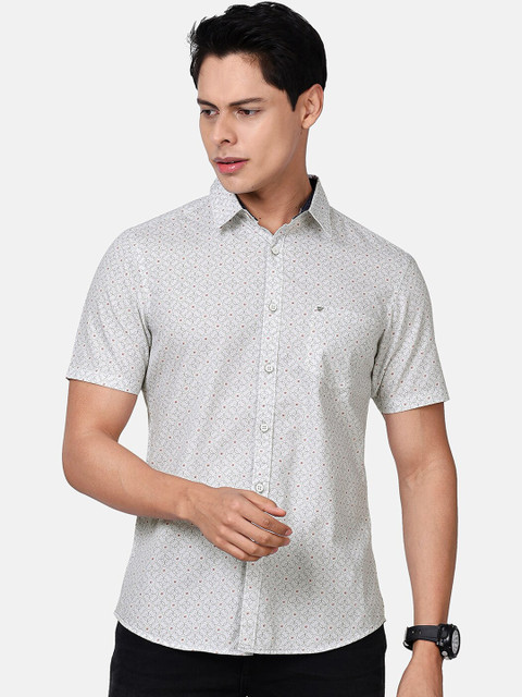 

t-base Men Grey Pure Cotton Geometric Printed Casual Shirt