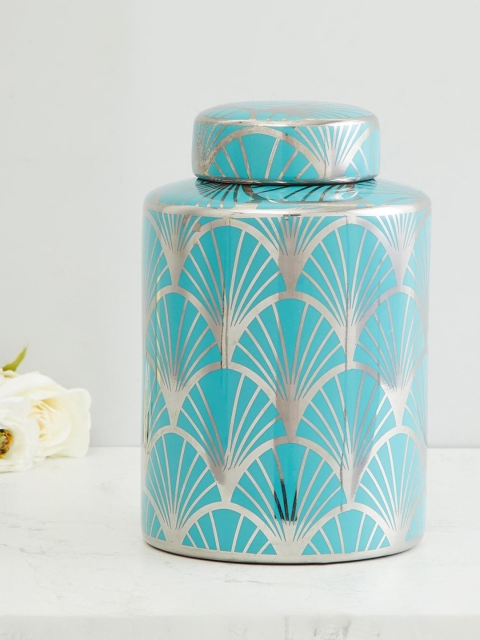 

Home Centre Turquoise Blue & Silver-Toned Printed Ceramic Canister